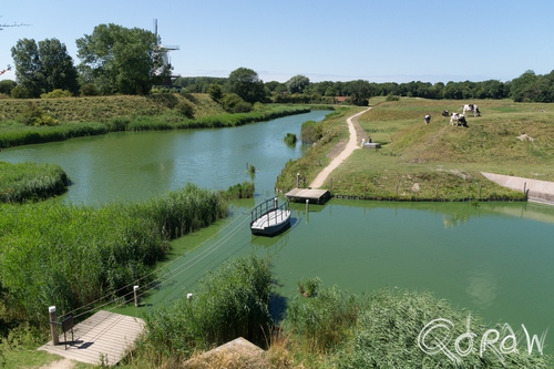 Veere en de Deltawerken ; Pond over vestingwal Veere | foto 2 Veere en de Deltawerken ; Veere, veste van veere, oversteek, pontje, trekpontje, koeien, zeeland | foto 2
