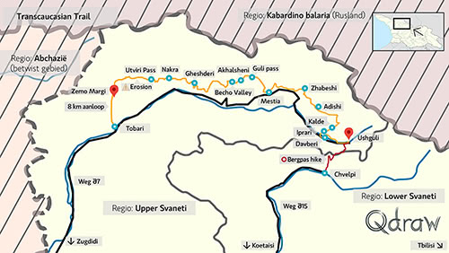 Er is hier een overzichtskaart te vinden van de Transcaucasian Trail Upper Svaneti Georgië