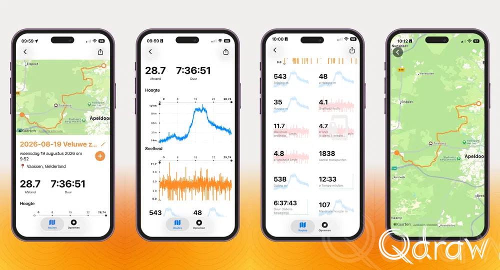 Screenshots der neuen Track-Ansicht in TrailTrackr mit Karte sowie Höhen- und Geschwindigkeitsdiagrammen